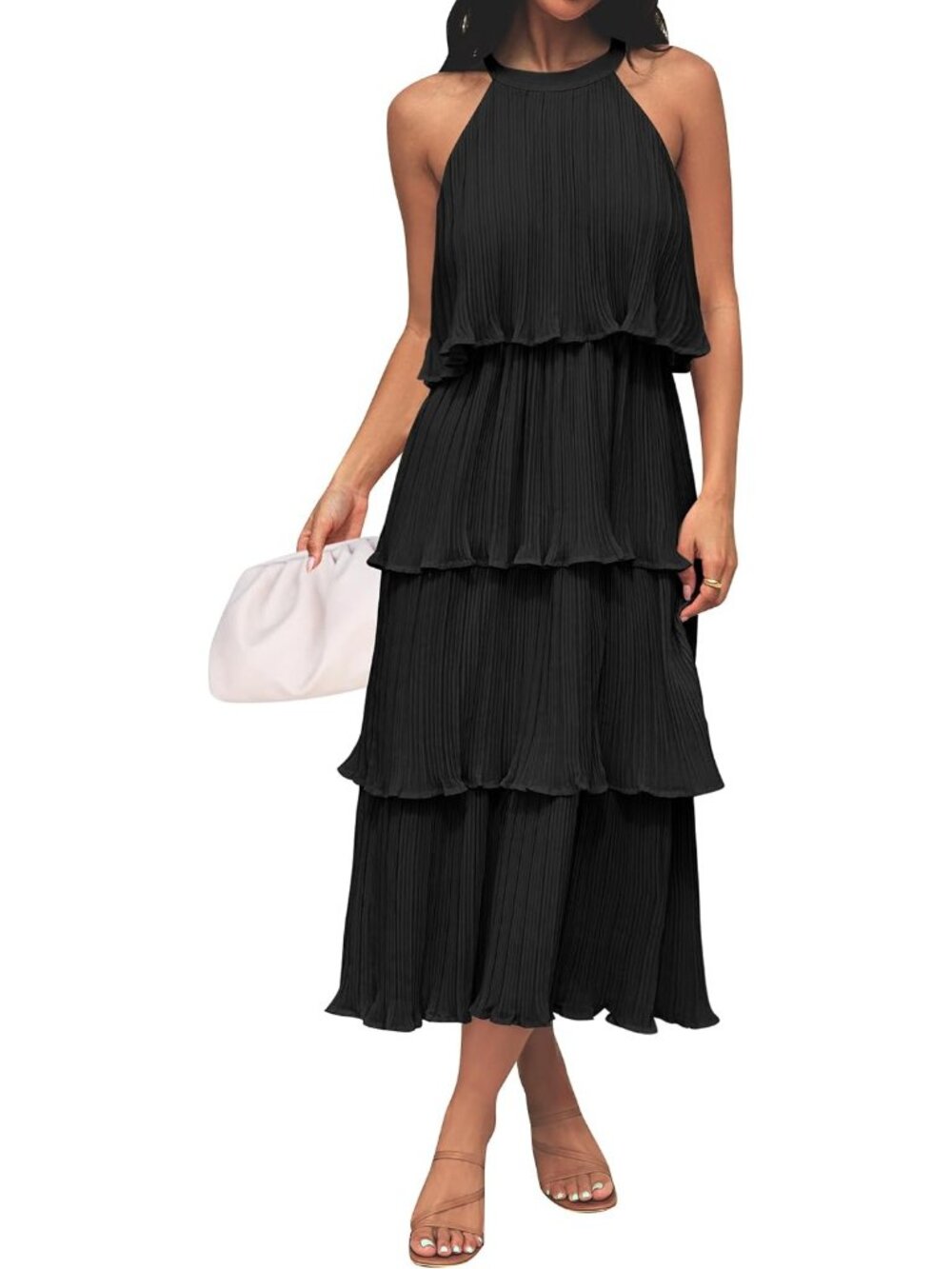 Women's Dark Black Summer Halter Ruffle Sleeveless Wedding Guest Midi Dresses